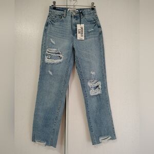 REFUGE DENIM 90'S Straight Leg Distressed High Rise Jeans - Light Blue Size 3